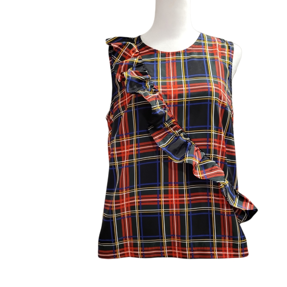 J Crew Factory Plaid Ruffle Sleeveless Blouse